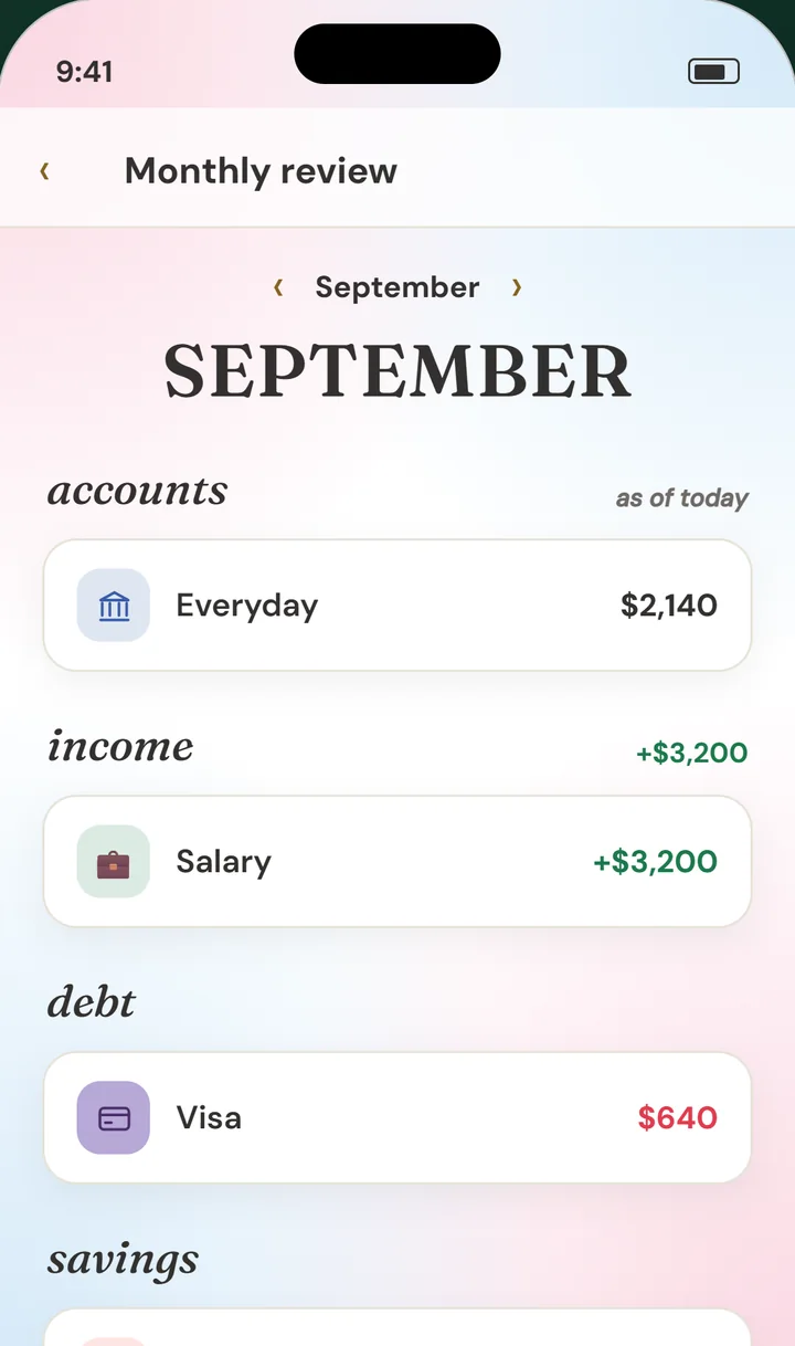 The monthly review for September, listing accounts, income, debt, and savings.