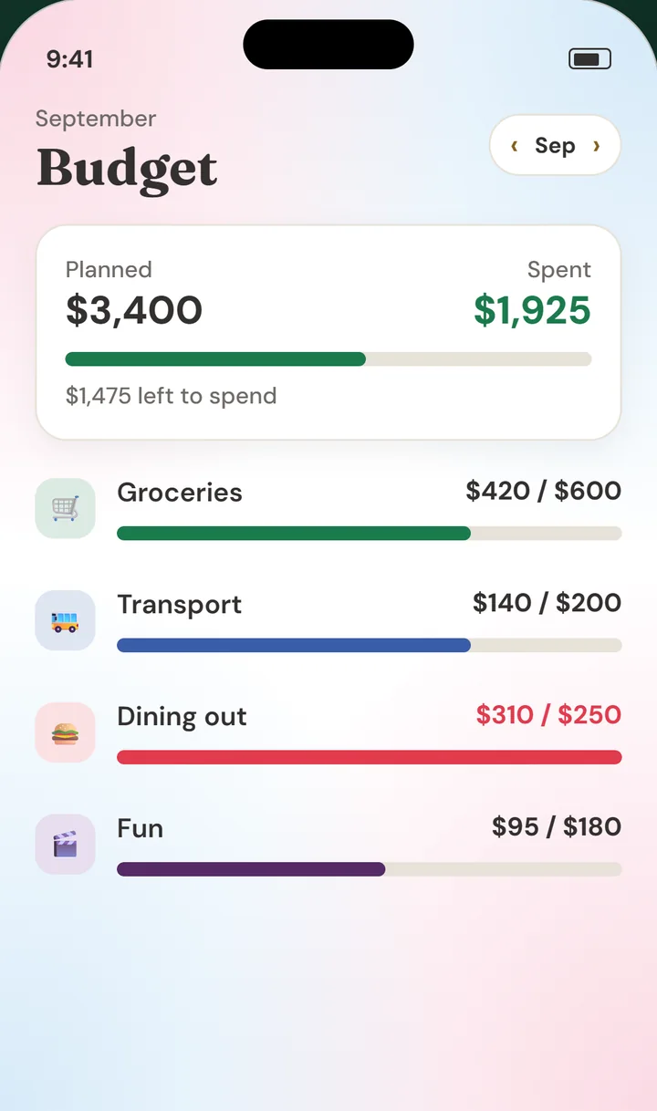 The budget screen, with planned and spent amounts and a progress bar for each category.