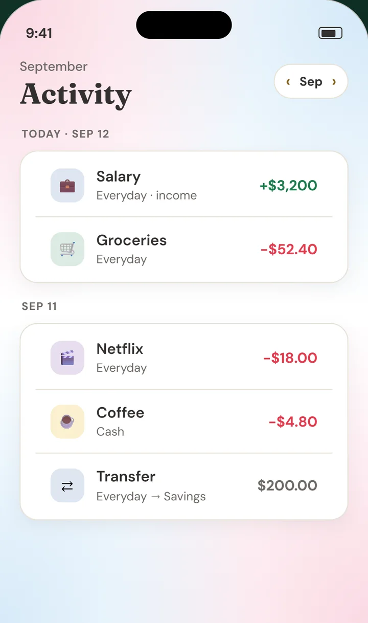 The activity screen, listing salary, groceries, coffee, and a transfer to savings.