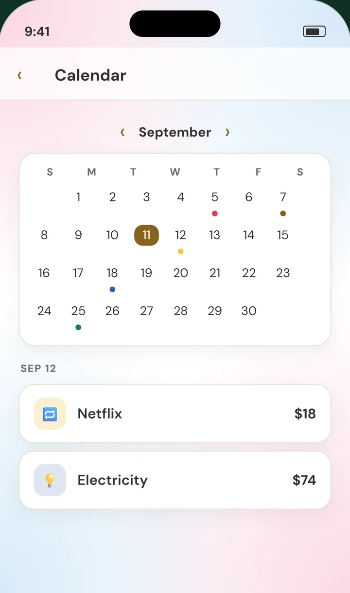 The calendar screen, with colored dots on bill days.
