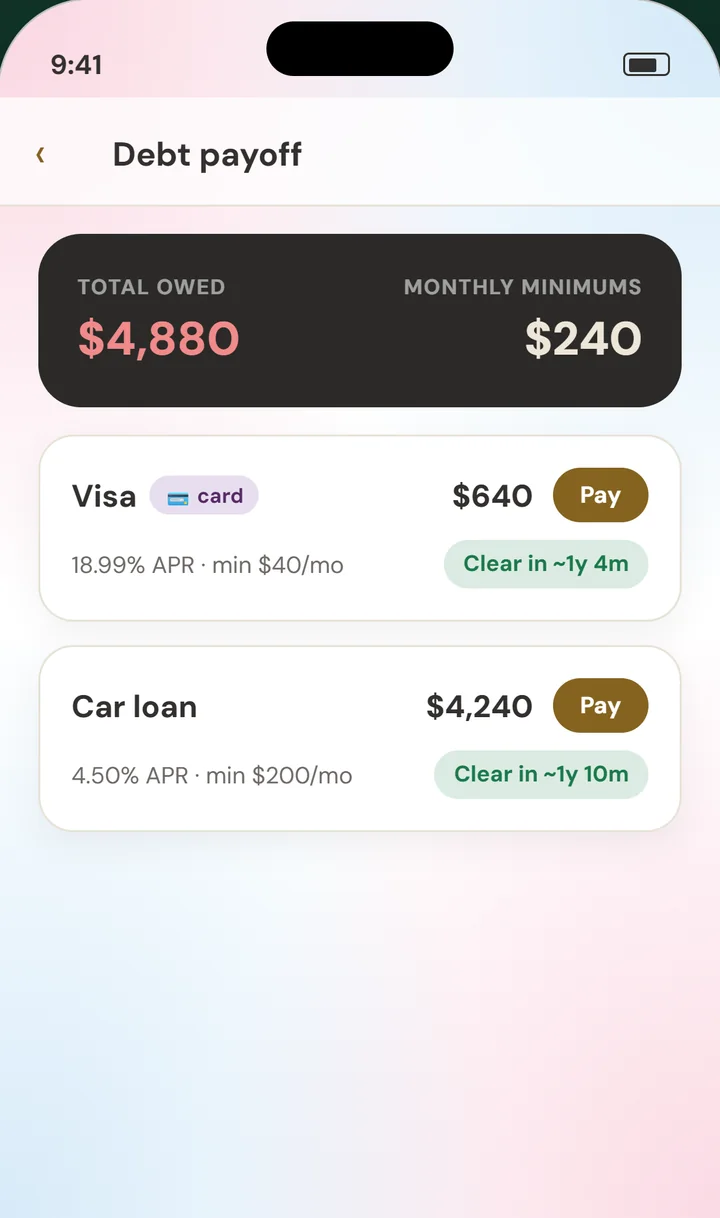 Debt payoff: total owed, monthly minimums, and an estimated clear date for each debt.