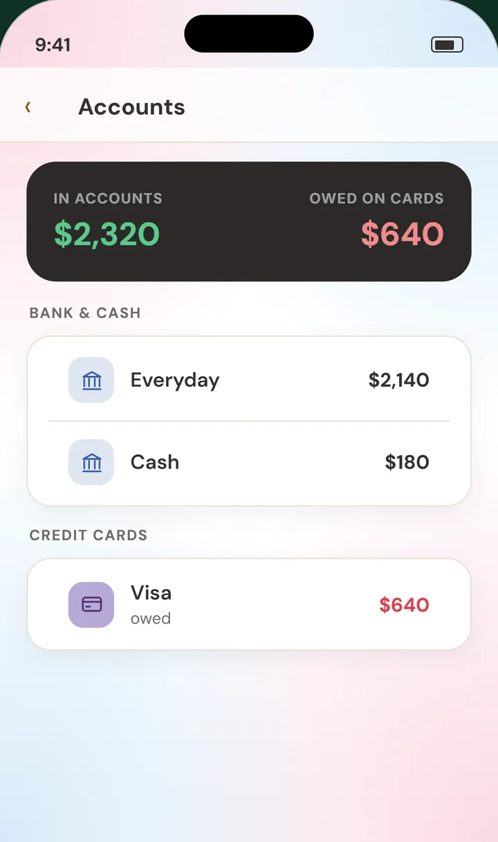 Accounts: an everyday account, cash, and a credit card.